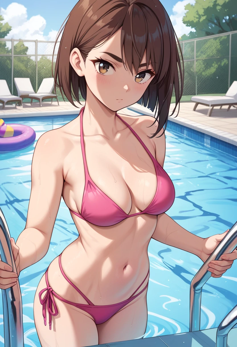 momo ayase, short hair, brown hair, brown eyes, bangs, thick eyebrows, medium breasts, bikini, pool, swimming pool, pink  bikini, standing