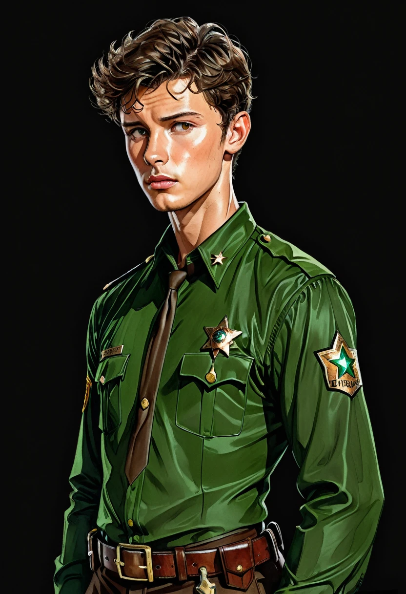 Masterpiece, ultra detailed, illustration, solo, 1man, Ben Barnes a man, tanned skin, brown eyes, brown shaved hair, American sheriff, wearing green sheriff uniform, art by Enki Bilal, watercolor, DeviantArt, high resolution, black background, simple background, standing, concentrated, worry