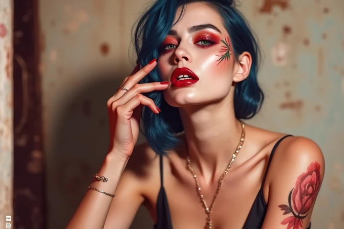 巨作, The best quality, Ultra-high resolution, Beautuful Women, Elegance, Elegance, Award-winning art, a woman with many tattoos, beautiful portraits, Half naked, in travis charest style, Red lips, Silence in chaos, model posture in fashion shows, Blue eyes, Red lips, Dark theme, visual shock, Gorgeous
