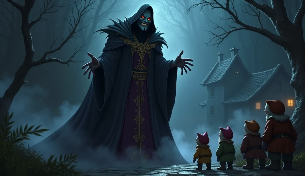 5. The Appearance of the Sorcerer : An evil sorcerer , in dark shadows , with an evil smile appears before Snow White and the dwarves; Draw in animation style but realistic.