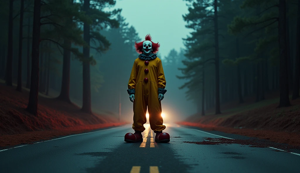Create a mysterious and eerie scene on a rainy night where a clown, resembling the iconic McDonald's mascot but with a darker, more unsettling twist, stands on a desolate road. The clown is dressed in a red and yellow outfit, but its smile is slightly menacing, and its eyes glow faintly in the darkness. Behind the clown, a deep, dark forest looms, with twisted trees barely visible through the mist and rain. The road is wet, reflecting the dim light from a distant, flickering streetlamp, and raindrops fall steadily, adding to the ominous atmosphere. The overall mood is one of unease, with the clown as the focal point, hinting at something sinister lurking in the shadows.