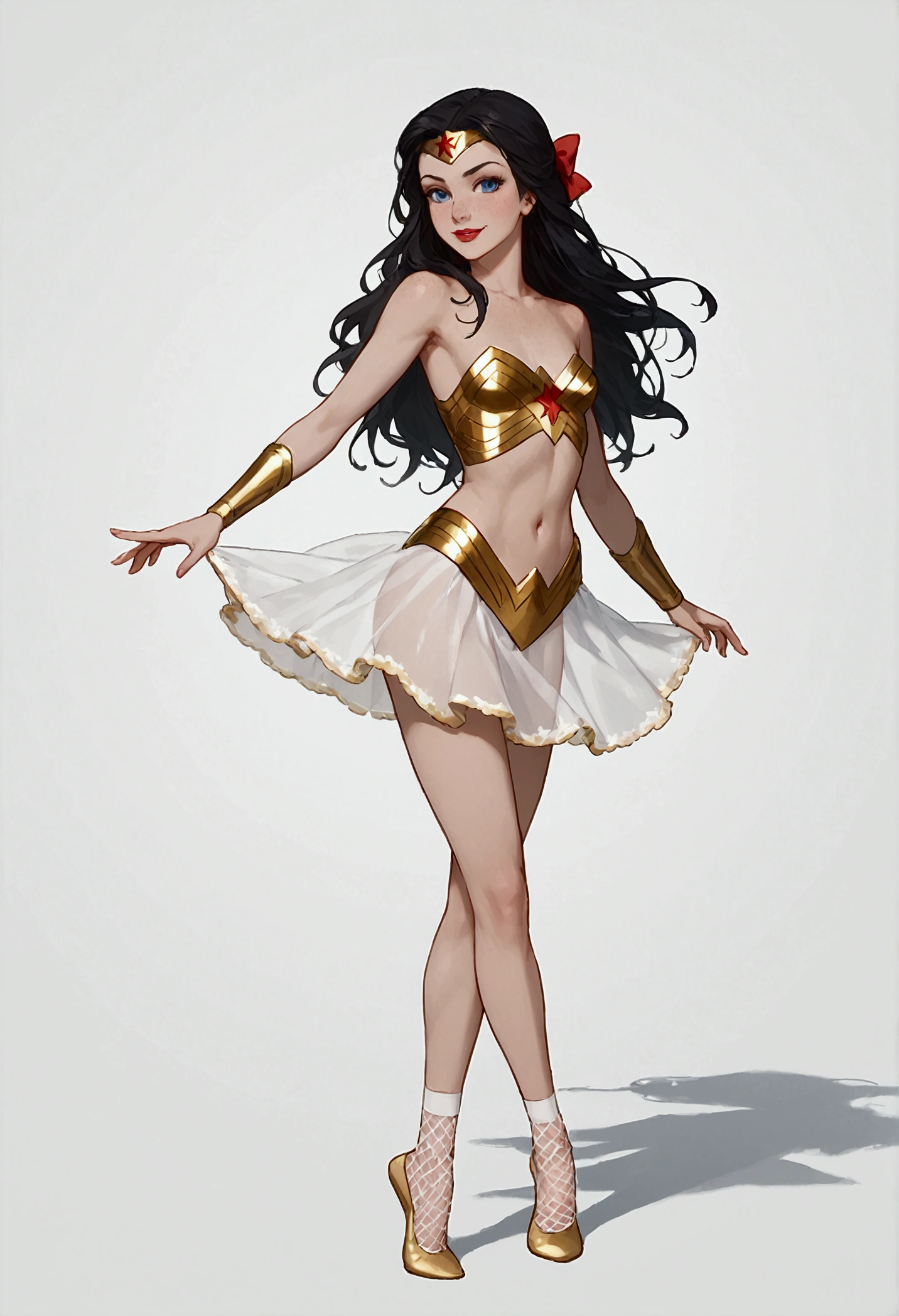 ((full body shot, standing, feet on the ground)) Wonder Woman, masterpiece, best quality, highly detailed, score_9, score_8_up, score_7_up, score_6_up, anime source,BREAK, 1girl, solo, undressed, naked, long hair, blue eyes, flower, hair bow, small breasts, bow, looking at viewer, freckles, parted lips, smile, full body, red lips, lips, leather ballet slipper, side-front, She looks at you, your gauze hurts, fishnets, white background, neutral cast, dance pose
