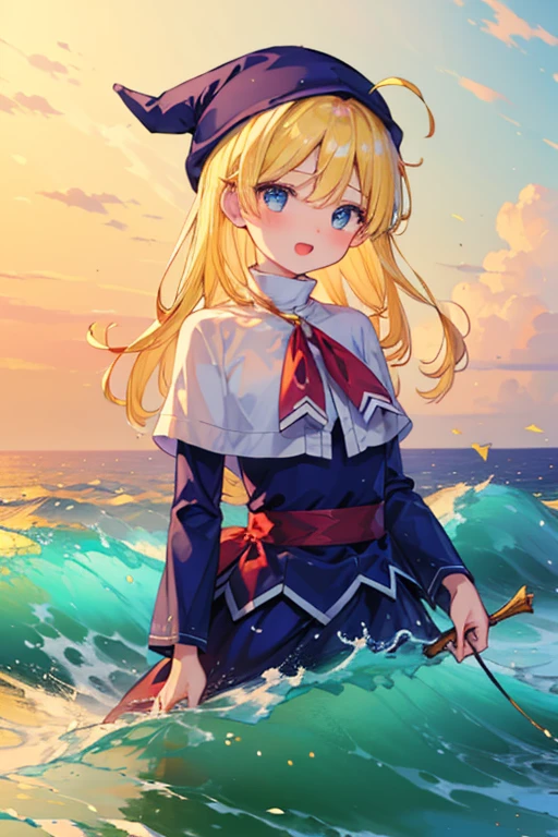 (8k,  super quality, masterpiece:1.2),  super high definition, cute,  girl, solo, whole body, Puyo Puyo's witch, Blonde, Blue Eyes , blue headwear ,  blue based robe,  red ribbon,  White Capelet , Ahoge,  long skirt, sea, Wave like a  , Bright smile,  innocent face ,  open your mouth, soaked, whole bodyに水滴,  I'm soaked up to my chest, Damp , 