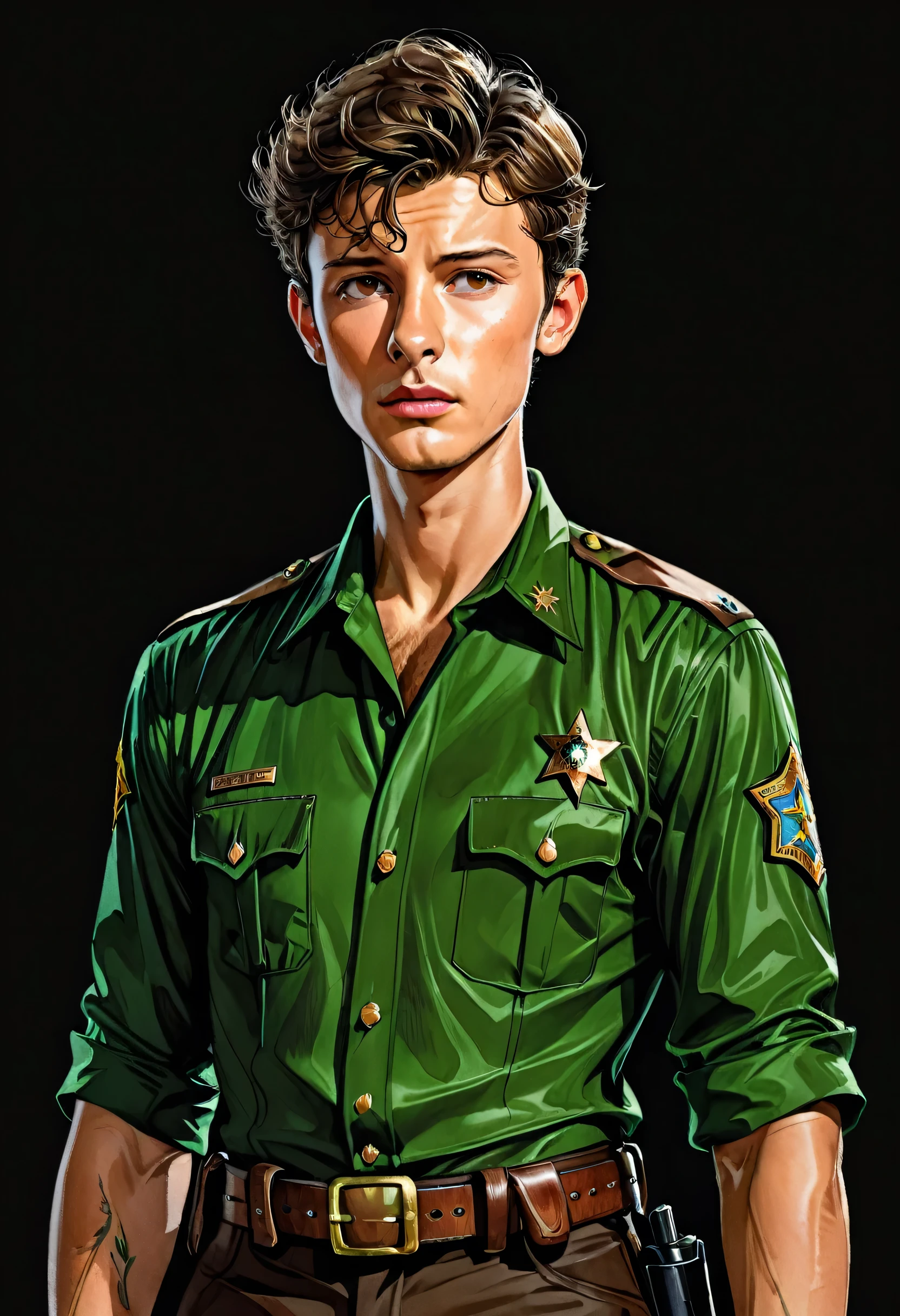 Masterpiece, ultra detailed, illustration, solo, 1man, Ben Barnes a man, tanned skin, brown eyes, brown shaved hair, American sheriff, wearing green sheriff uniform, art by Enki Bilal, watercolor, DeviantArt, high resolution, black background, simple background, standing, concentrated, worry