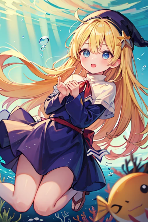 (8k,  super quality, masterpiece:1.2),  super high definition,  imaginary, cute,  girl, solo, whole body, Puyo Puyo's witch, Blonde, Blue Eyes , blue headwear ,  blue based robe,  red ribbon,  White Capelet , Ahoge,  long skirt, In the sea, Underwater theme , Undersea exploration, fish, star, Floating,  like a , Bright smile,  innocent face ,  open your mouth, bubble,  full light, Looks fun, float, 