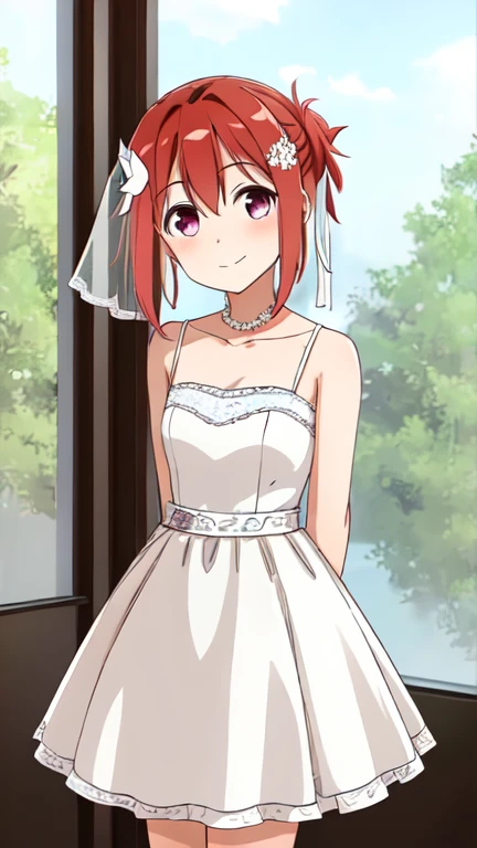 1 girl, solo, (Yuuki Yuna), Yuuki Yuna wa Yuusha de Aru, Yuusha de Aru, red hair, red eyes, short ponytail, hair ornament, ribbon, hair between eyes, side ponytail, closed mouth,
BREAK, (wedding bun hair:1.2), (wedding dress,intricate dress, ball gown, bridal veil, bride, curtains, depth of field, dress, flower, hair flower, hair ornament, see-through,white flower, white rose:1.1),
BREAK, standing, (arms behind back:1.2),
BREAK, (smile:1.1),
BREAK, (from front:1.3), (cowboy shot:1.2)
BREAK, outdoor, garden,
BREAK, (best quality, masterpiece, detailed:1.3), HD, anime colored, (beautiful detailed eyes, extremely detailed face:1.2), perfect lighting, extremely detailed CG, (perfect hands, perfect anatomy), nsfw,