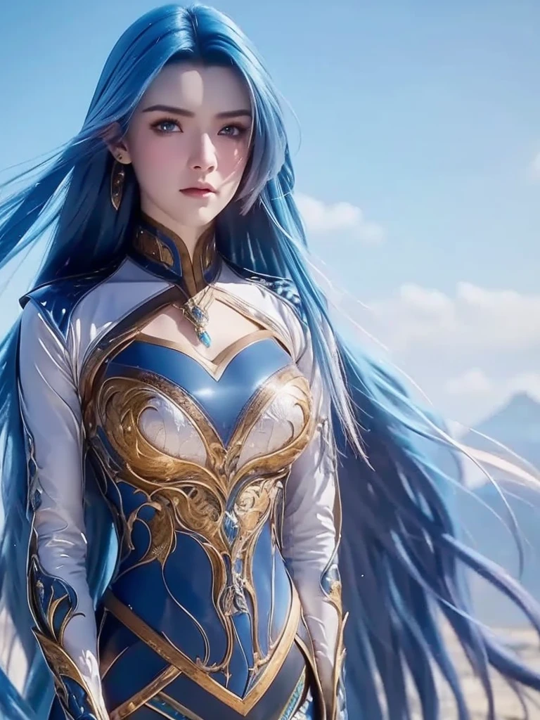 The image is a digital portrait of a young woman with long blue hair. She is wearing a blue and gold armor with intricate designs and patterns. The armor has a high neckline and long sleeves. The woman has a serious expression on her face and is looking directly at the camera. The background is a light blue sky with white clouds. The overall mood of the image is dramatic and mystical.