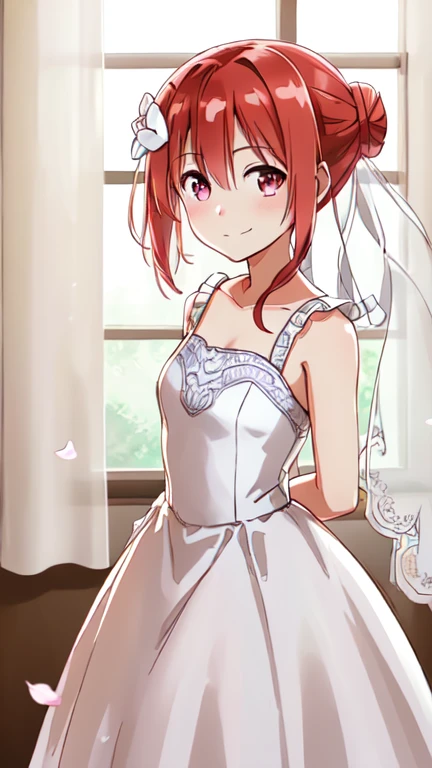 1 girl, solo, (Yuuki Yuna), Yuuki Yuna wa Yuusha de Aru, Yuusha de Aru, red hair, red eyes, short ponytail, hair ornament, ribbon, hair between eyes, side ponytail, closed mouth,
BREAK, ((wedding bun hair:1.2), (wedding dress,intricate dress, ball gown, bridal veil, bride, curtains, depth of field, dress, flower, hair flower, hair ornament, see-through,white flower, white rose:1.1):1.3),
BREAK, standing, (arms behind back:1.2),
BREAK, (smile:1.1),
BREAK, (from front:1.3), (cowboy shot:1.2)
BREAK, outdoor, garden,
BREAK, (best quality, masterpiece, detailed:1.3), HD, anime colored, (beautiful detailed eyes, extremely detailed face:1.2), perfect lighting, extremely detailed CG, (perfect hands, perfect anatomy), nsfw,