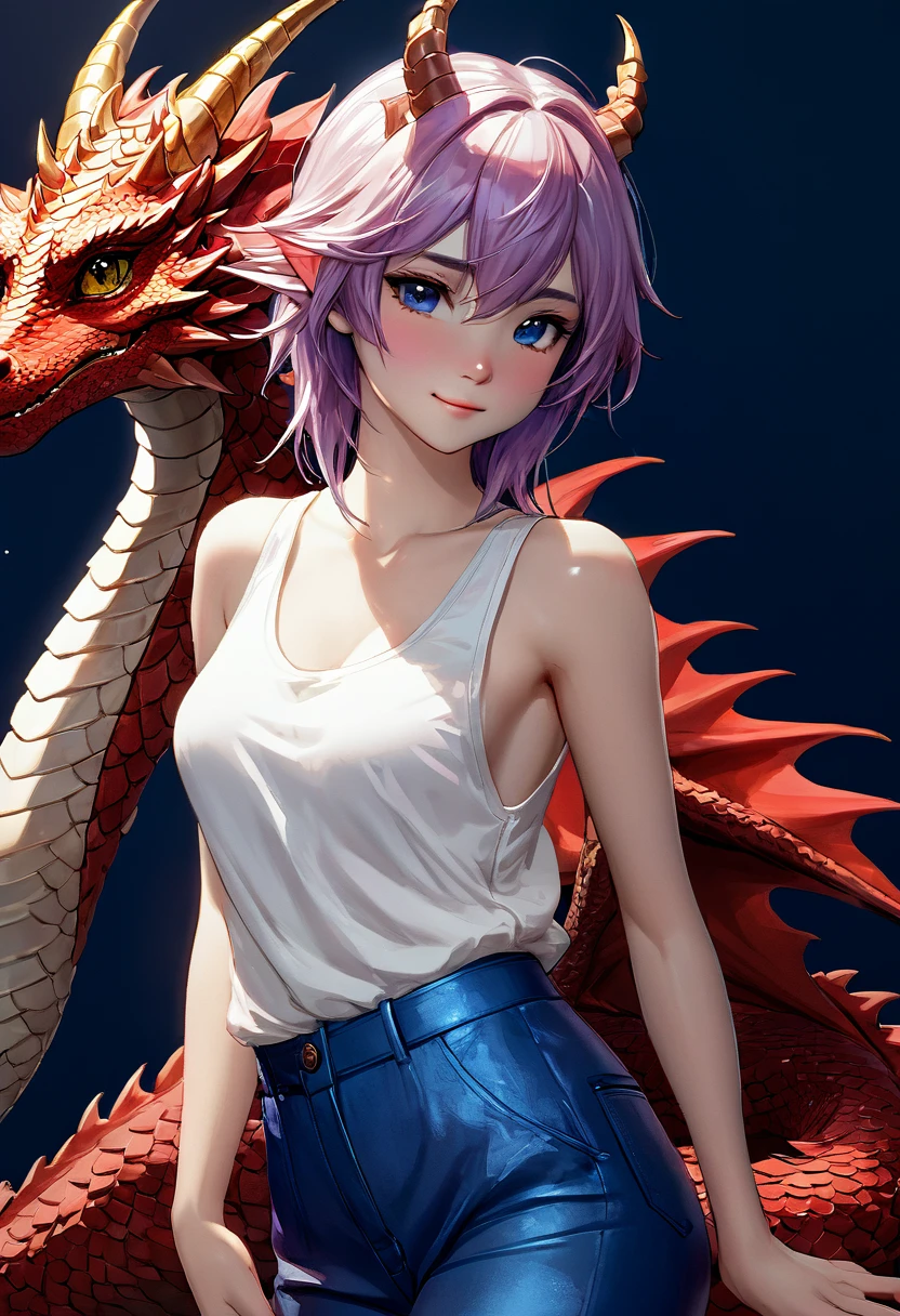 Femboy dragon, feminine, solo character, 8k quality, ultra realistic, 3d render, digital art, beautiful and detailed portrait of a (((feminine))) anthro dragon, kenket, Ross Tran,ruan jia, uploaded to e621, zaush, foxovh, cinematic lighting,(((shy, seductive))) smile, looking at viewer, no fur, red scales, dragon, femboy, plump body, feminine body, shy expression, wearing white tanktop, wearing blue slacks, soft body, very weak, very lean, ((presenting behind)), hand on behind, spreading behind