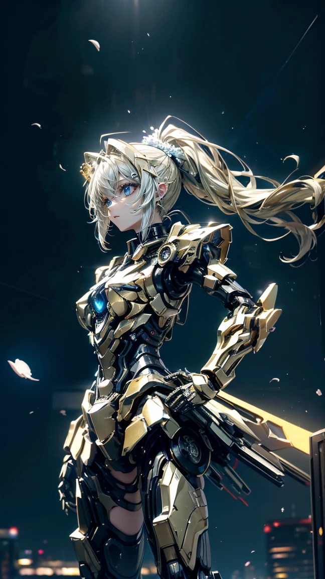 (((masterpiece))), (((best quality))), ((ultra-detailed)), (highly detailed CG illustration), ((an extremely delicate and beautiful)), cinematic light,((1girl)), solo, (upper body), (character focus), absurdres, high contrast, extreme detailed,colorful,highest detailed, science fiction, nanosuit, high ponytail, (light blue hair), yellow eyes, knee boots, (spacecraft interior), mechanical limbs, large breasts, metal wire,