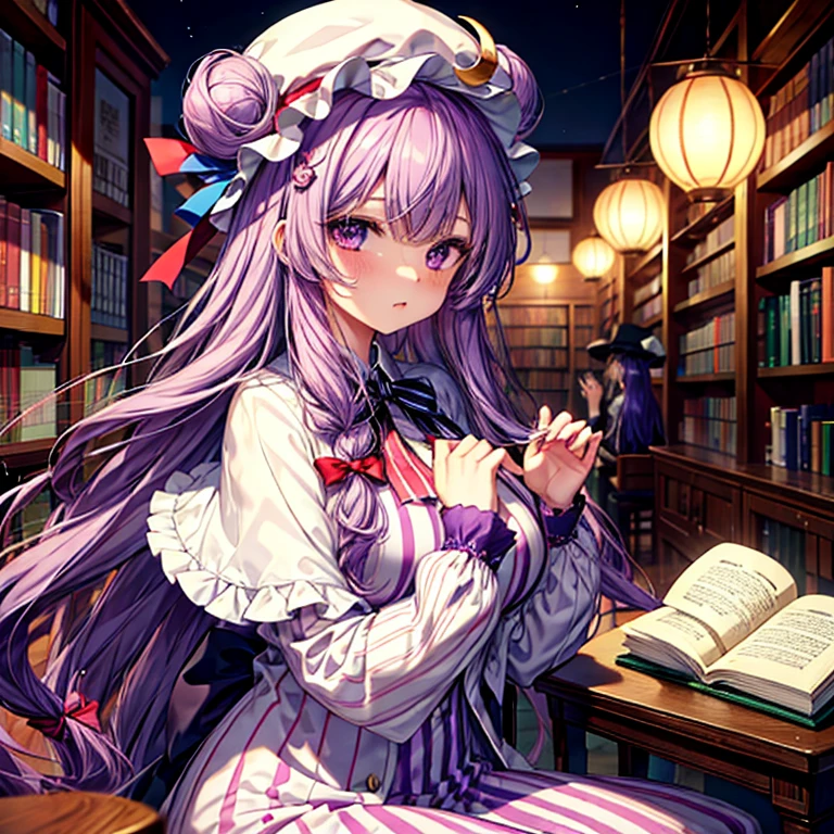 ((Best Quality)), ((masterpiece)), (  Details), ( super high definition)、Patchouli、
Long Hair、Purple Hair、Crescent Moon、Purple Eyes、ribbon、hat、Bow、bangs、 Mob Cap 、hat飾り、Crescent Moon形のhat飾り、Bow、赤いBow、青いBow、Books、赤いribbon、 capelet、hatのribbon、Stripes、とてもLong Hair 、 big breasts at the temple、
 perfect face、(Perfect Fingers、Perfect hands)、 perfect body 、超 Detailsな肌、whole body、
The Great Library、 sitting on a chair、膝にBooks、Professional Lighting、８k、