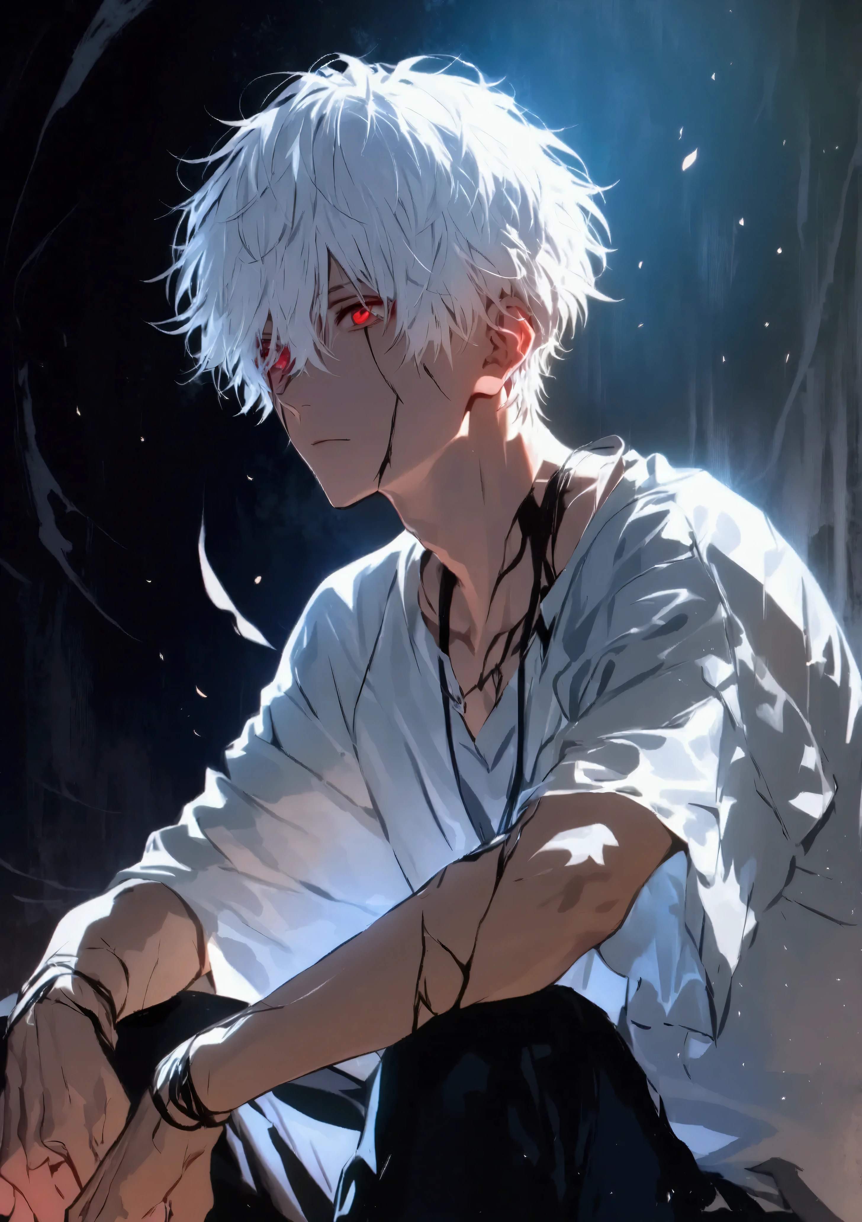 (solo), (1 male), (1 man), handsome men, (one man with white hair, red eyes), short hair, messy hair, ((masterpiece)), (dark background: 1.3), (stylish), dynamic angle, (detailed face, detailed eyes, proportional hands, proportional anatomy), sitting in a relaxed pose, sinister atmosphere