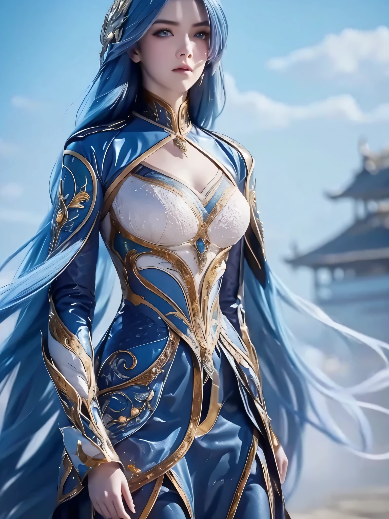 The image is a digital portrait of a young woman with long blue hair. She is wearing a blue and gold armor with intricate designs and patterns. The armor has a high neckline and long sleeves. The woman has a serious expression on her face and is looking directly at the camera. The background is a light blue sky with white clouds. The overall mood of the image is dramatic and mystical.