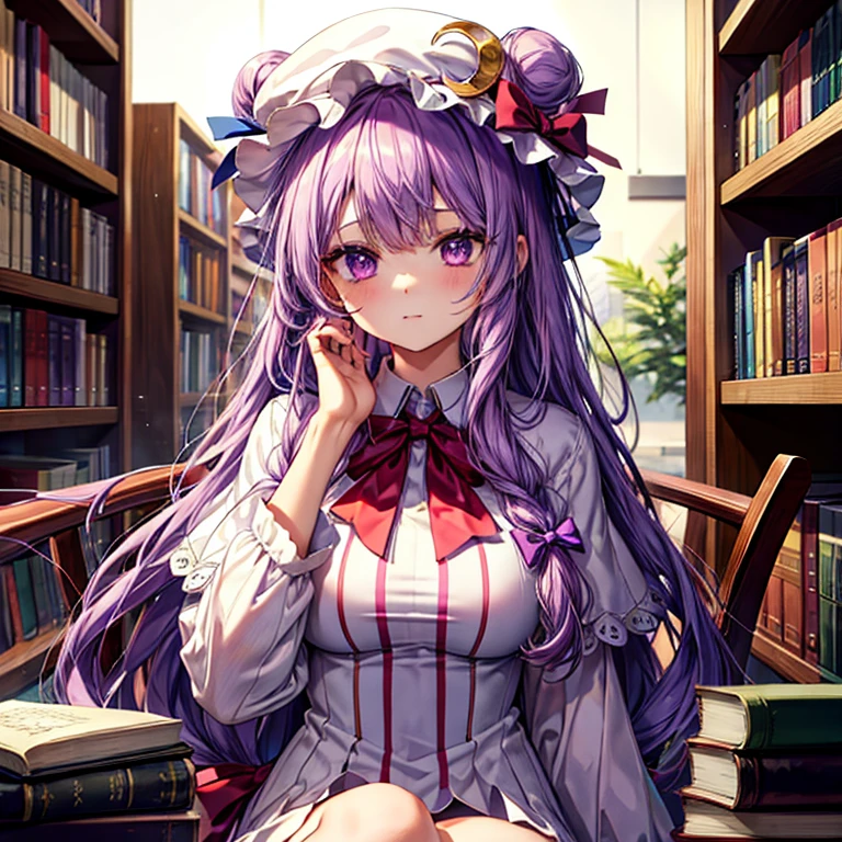 ((Best Quality)), ((masterpiece)), (  Details), ( super high definition)、Patchouli、
Long Hair、Purple Hair、Crescent Moon、Purple Eyes、ribbon、hat、Bow、bangs、 Mob Cap 、hat飾り、Crescent Moon形のhat飾り、Bow、赤いBow、青いBow、Books、赤いribbon、 capelet、hatのribbon、Stripes、とてもLong Hair 、 big breasts at the temple、
 perfect face、(Perfect Fingers、Perfect hands)、 perfect body 、超 Detailsな肌、whole body、
The Great Library、 sitting on a chair、膝にBooks、Professional Lighting、８k、