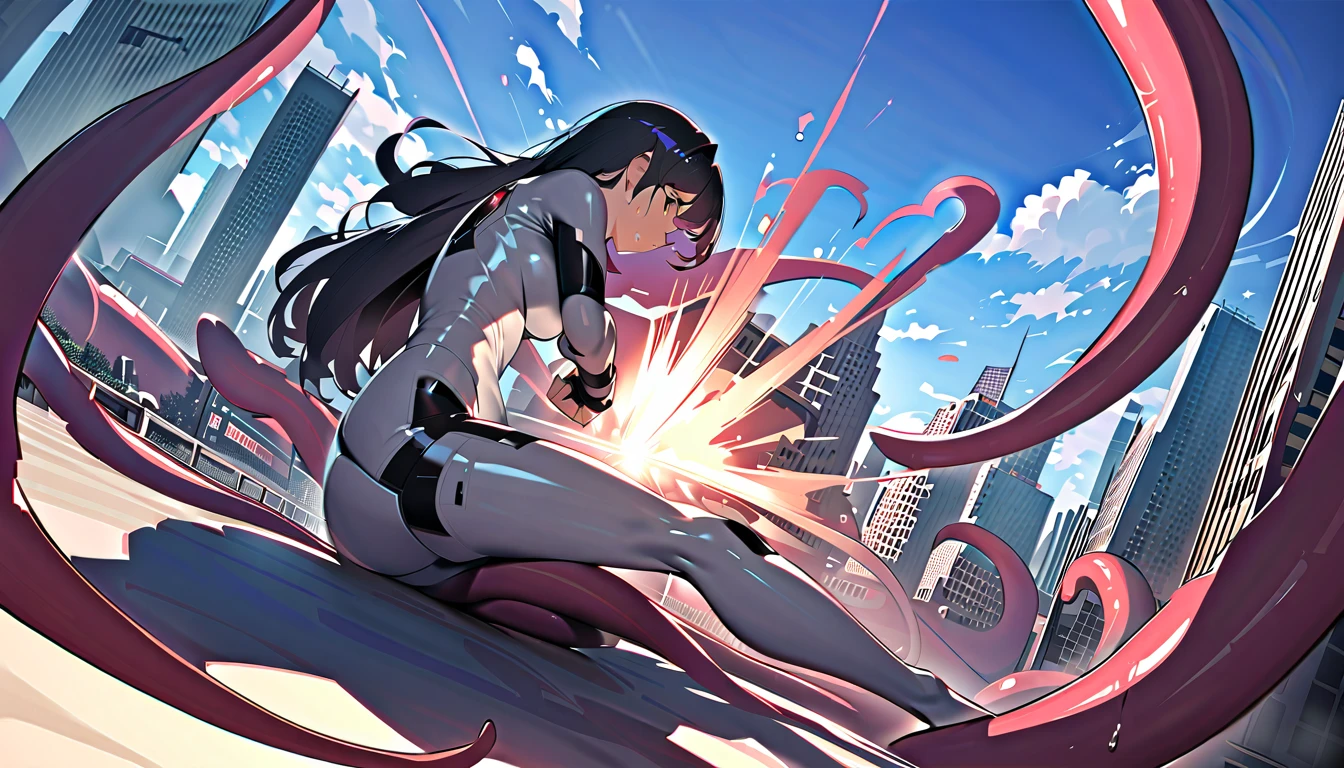 girl masterpiece, best quality, high resolution, best detailed, ultra girl, giantess, black hair, straight hair, shiny hair, bodysuit, suit explosion, destructed suit, damaged suit, a lot of scar, blue and silver bodysuit, red gem on chest, full body, fighting stance, making fists, a lot sweat, many tentacles, breezing white breath, detailed background, cityscape, buildings,