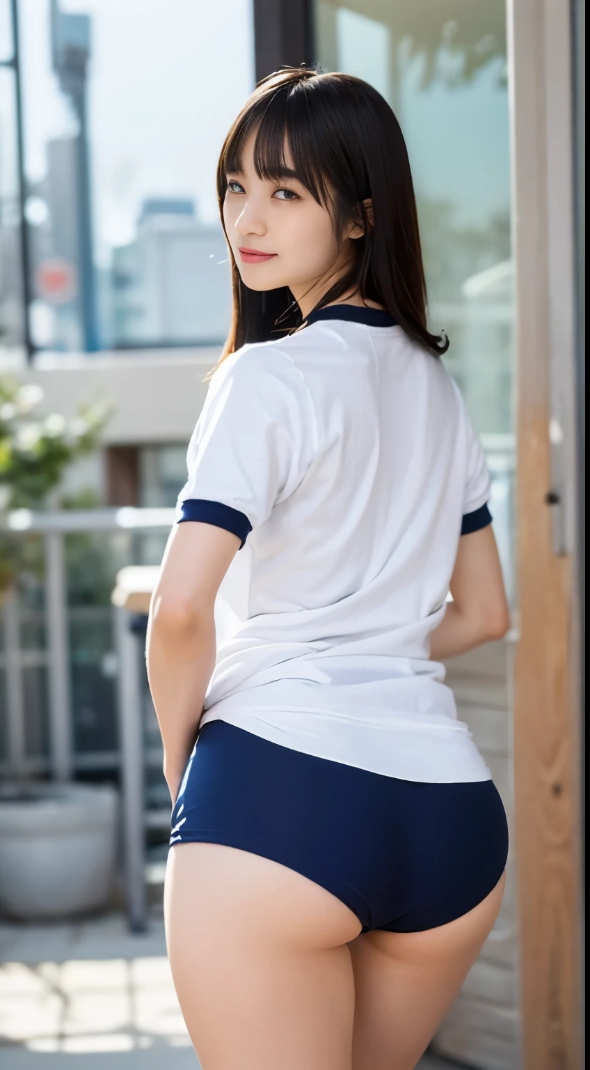 alone、high school girl、White skin、Natural Makeup、Black Hair、bangs、Straight Long Hair、(((White short-sleeved T-shirt on the upper body)))、(((Long white gym clothes)))、(((Very tight bloomerid rise bloomers)))、(((Navy Bloomer)))、(((Tuck the bottom of your gym clothes into your bloomers)))、Big Breasts、((Big Ass))、(((School grounds)))、(((Realistic fingers)))、(((Realistic style)))、((Perfect figure))、(((upright)))、(((Back view)))、(((Looking Ahead)))