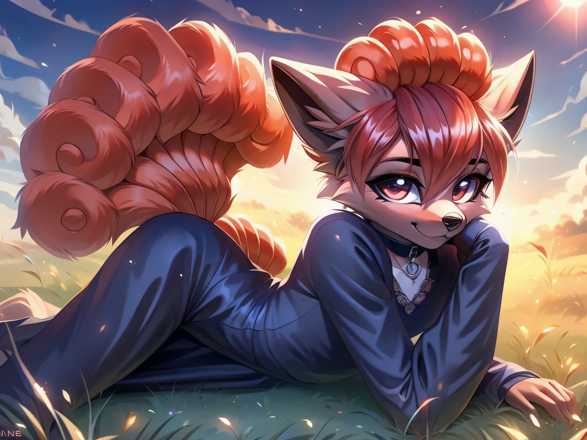 Vulpix, pokemon, anthro girl, slim girl,  cute smile, wearing pajamas, cute hair, flat ears,  messy tail, innocent ,very skinny body, feminine girl, thin, wearing a modest goth dress with long sleeves, outside on a beautiful grassy field, cold paws, looking at viewer with begging eyes, leaning in