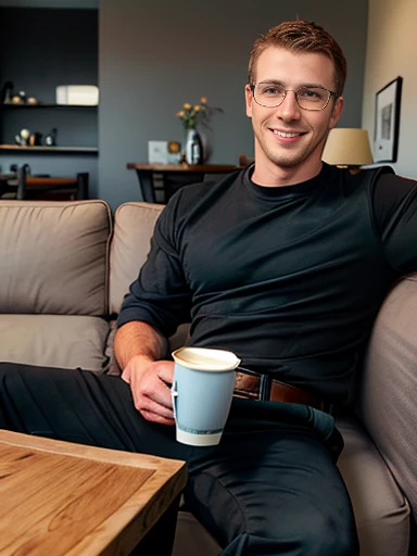 expressive eyes, Perfect face, solo, 1person, Adult man, dark brown hair, Blue eyes, glasses, ((black shirt, black pants, brown belt))
(sitting, sitting on sofa, gray sofa, living room background, sunset, coffee cup on table, coffee cup, small table, Smile)