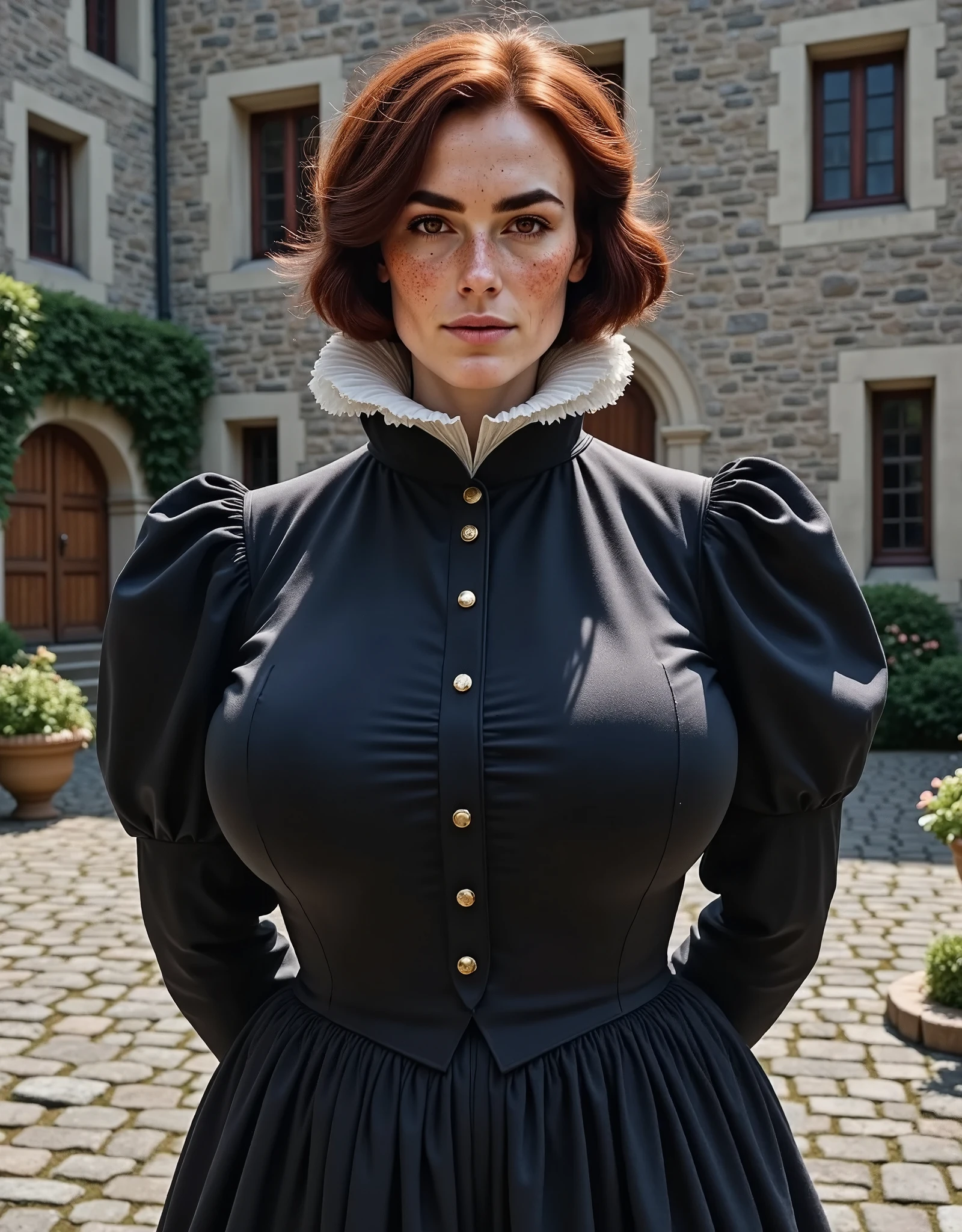 Photorealistic, cinematic style, a picture of a beautiful British woman standing in the courtyard of a Elizabethan manorhouse. cobbled stone pavement, grey stone walls, small stained glass windows. She is wearing a black Elizabethan era dress with high neckline. (white ruff collar:1.5), (millstone collar:1.5). She's got brown eyes, downturned eye shape, light skin and freckles, reddish-brown hair, long bob hairstyle. perfect hand,HDR, intricate details.