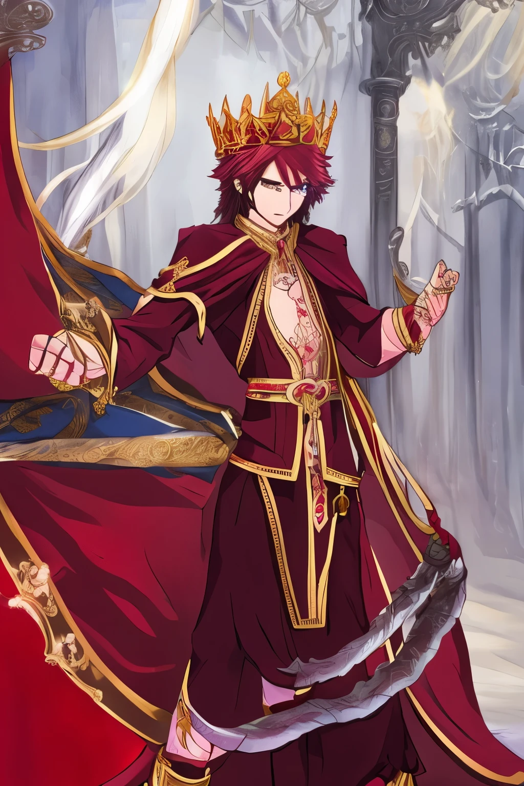 masculine, In royal clothing, very long Sakura-colored hair, light skin, Blood red eyes , very long Elf ears with , with crown  