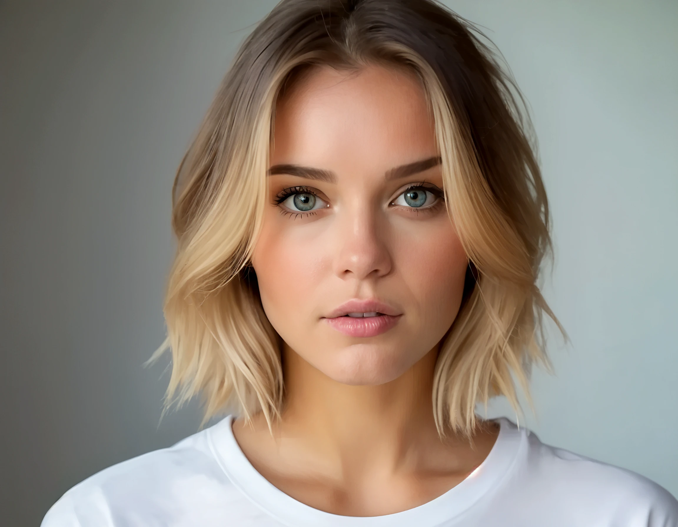 Photo of a 30-year-old girl, ((light blonde short wavy hair)), ((dark big yellow eyes)), very natural sad face, (((supermodel face))), very pretty, wide lips, Thin eyebrows, pointy nose, long eyelashes. the face looks straight into the camera from the front, naked, arms aupUltra textured skin, naked , busty, (focus on breast and face)