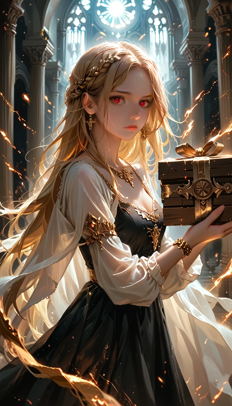 detailed portrait of a beautiful young woman, greek goddess pandora, long blonde hair, cute, red eyes, holding a black wooden box, A box full of darkness, greek mythology, dark night, black dress, detailed facial features, palace corridor, night, darkness, realistic, photorealistic, ultra-detailed, 8k, best quality, masterpiece, dramatic lighting, warm color palette, intricate ornate jewelry, dramatic pose, ethereal atmosphere, clothed in an aura of darkness