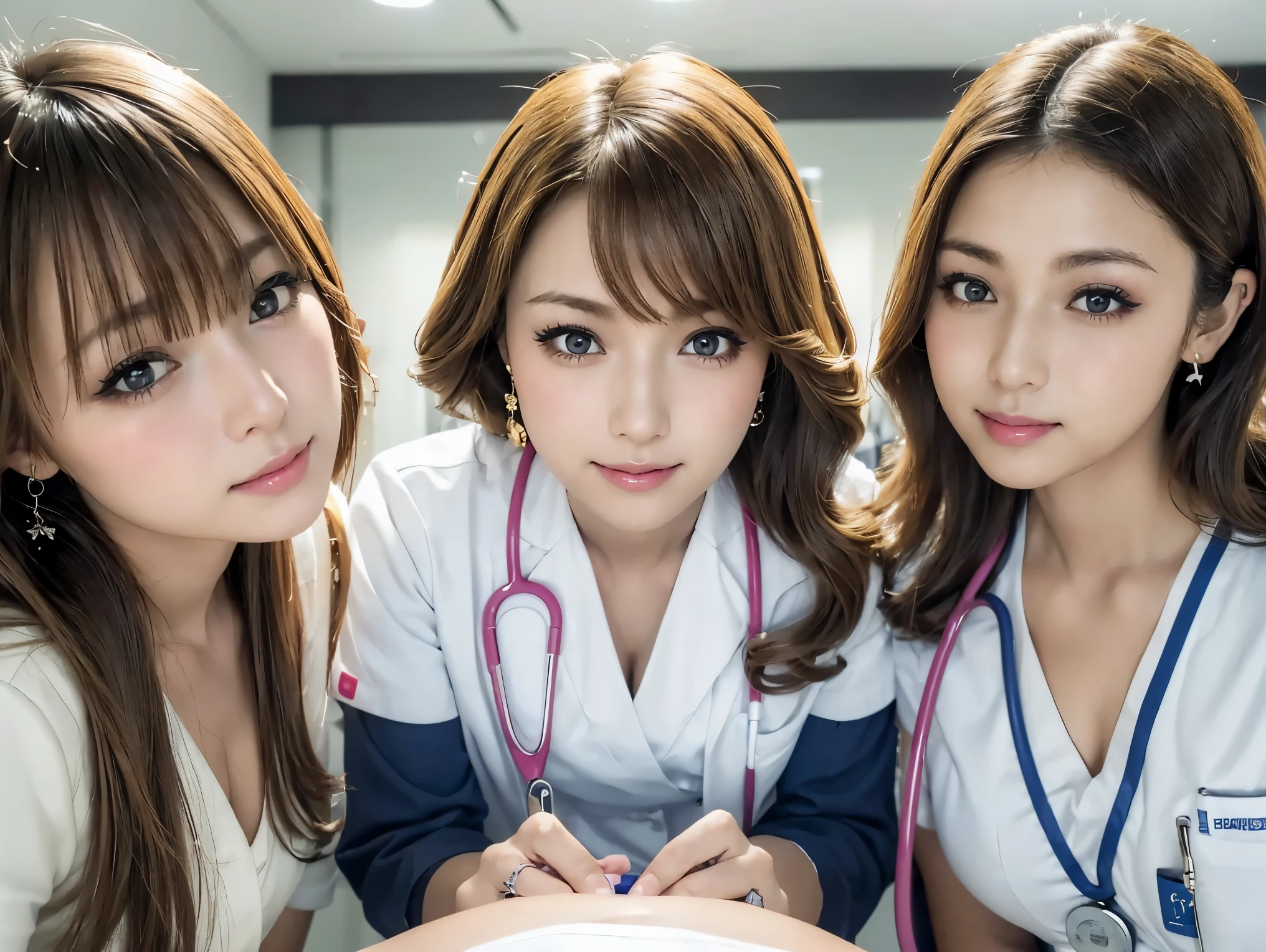 3 girls,((3 Nurses )),((Nurse pictures )),((White nurse uniform :1.25)),(( nurse cap :0.75)),(Stethoscope),illumination,(blonde),Long Hair,Inward curls, Sexy Faces, perfect proportions,(((masterpiece))),((Best Quality)),((Highest quality)),((Surreal)),(( fine grain image quality )),beautiful girl, look at the camera, very detailed ,beautiful,(Detailed face), attractive looks, ( gentle smile touching your head:1.25),(Round face, Distant eyes,  erotic eyes , Gentle eyelids,  gal makeup, mascara,  eyeliner  ,lips),In the hospital room,Hospital room ceiling,(( cowboy shot:1.25)),((Shooting from below:1.25)),((Lean forward and look down)),(Cleavage)