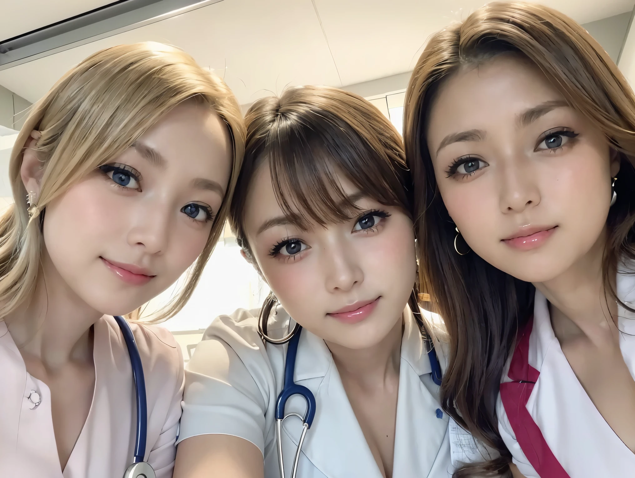 3 girls,((3 Nurses )),((Nurse pictures )),((White nurse uniform :1.25)),(( nurse cap :0.75)),(Stethoscope),illumination,(blonde),Long Hair,Inward curls, Sexy Faces, perfect proportions,(((masterpiece))),((Best Quality)),((Highest quality)),((Surreal)),(( fine grain image quality )),beautiful girl, look at the camera, very detailed ,beautiful,(Detailed face), attractive looks, ( gentle smile touching your head:1.25),(Round face, Distant eyes,  erotic eyes , Gentle eyelids,  gal makeup, mascara,  eyeliner  ,lips),In the hospital room,Hospital room ceiling,(( cowboy shot:1.25)),((Shooting from below:1.25)),((Lean forward and look down)),(Cleavage)