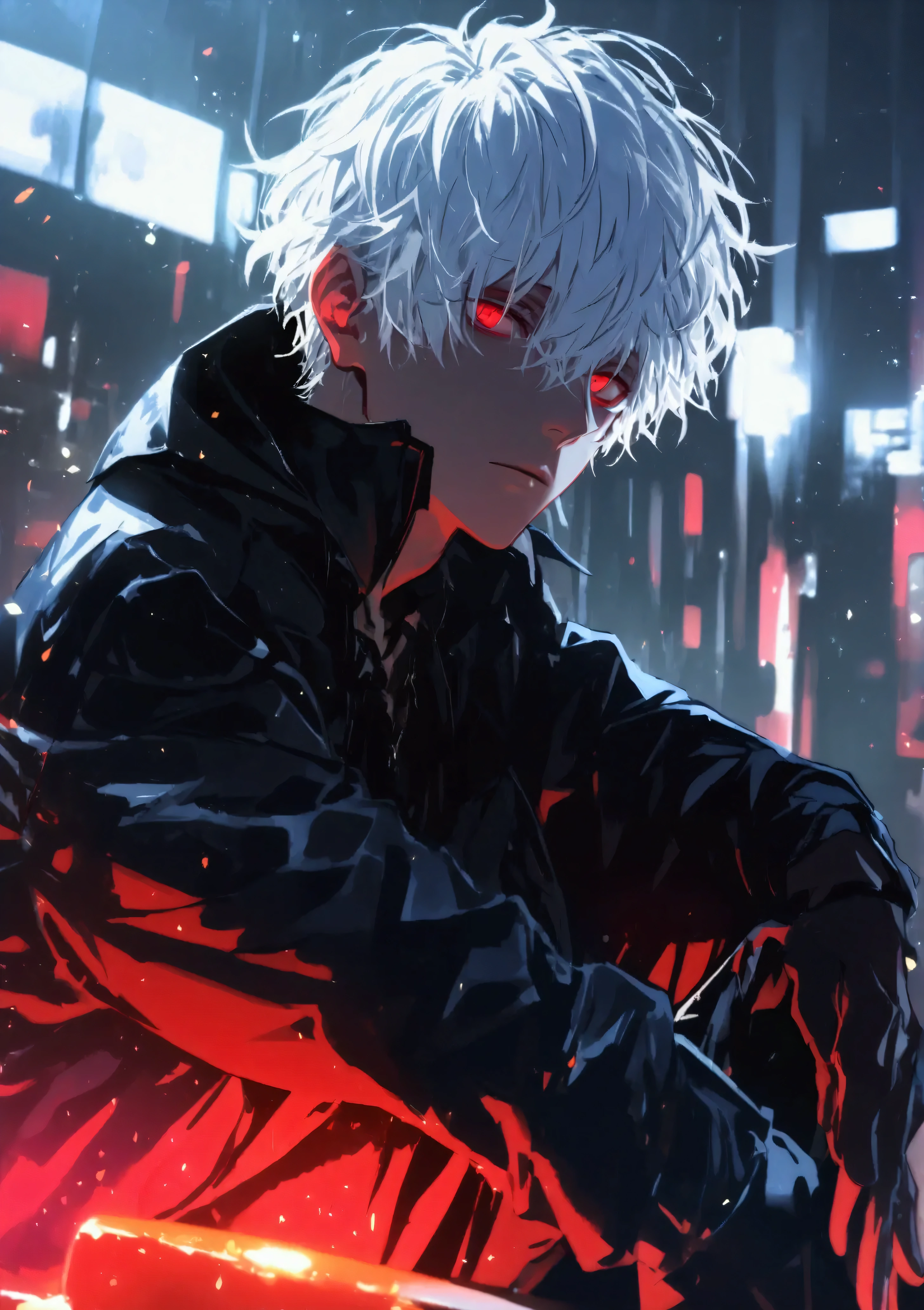 (solo), (1 male), (1 man), (handsome man), (one man with white hair, red eyes), short hair, messy hair, ((masterpiece)), (dark background: 1.3), (stylish), dynamic angle, (detailed face, detailed eyes, proportional hands, proportional anatomy), sitting in a relaxed pose, sinister atmosphere