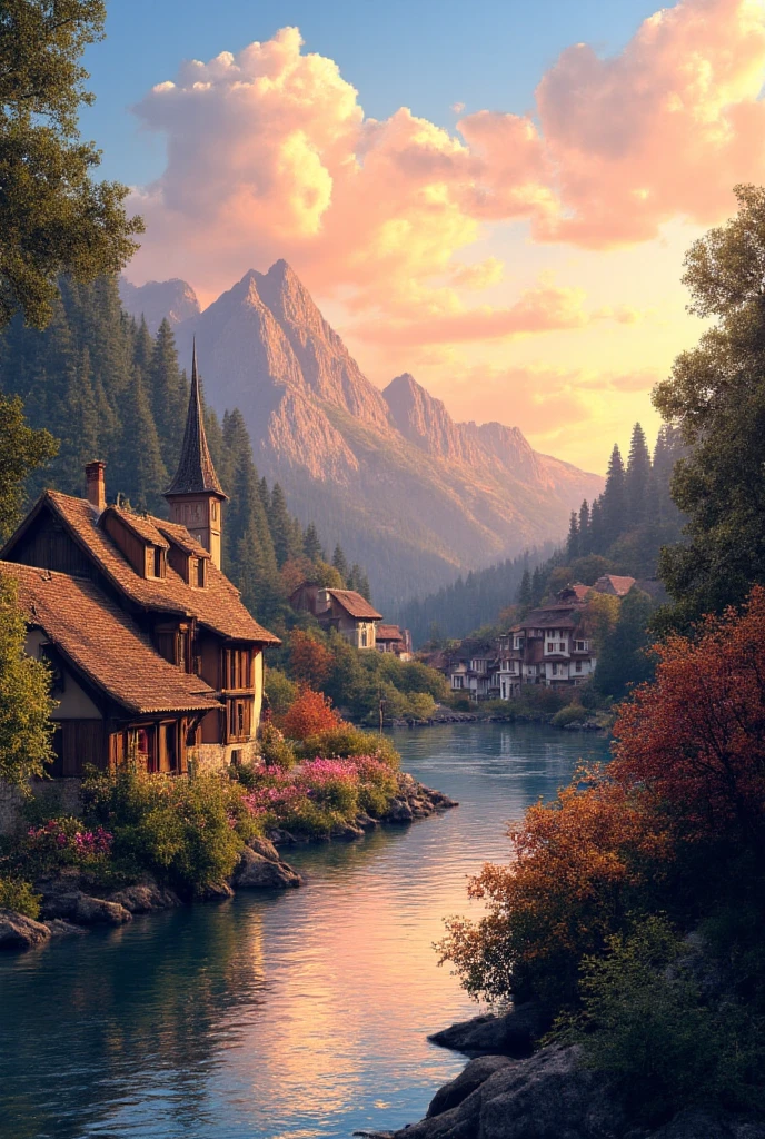  A small village by the river ,  mountains in the background,  colorful flowers , detailed landscape,  beautiful natural scenery ,  atmospheric lighting ,  scorching sunset , warm colors, practical, photographic,  detailed foliage , complex buildings ,  cobblestone street,  charming country house ,  vibrant colors ,  lush vegetation ,  reflections in the water, Picturesque, idyllic, work of art,  best quality , 8k,  extremely detailed ,  Anime style