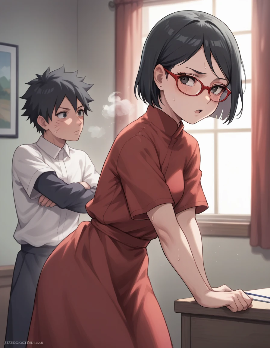 Uchiha salad,  short hair ,  Black Hair ,  dark eyes, Red-rimmed glasses, Glasses,  Sweep Bang,,(side，side，side sweat，sideの皺:1.3),room， bedroom，(steam，steamimg:1.1)，  red dress 