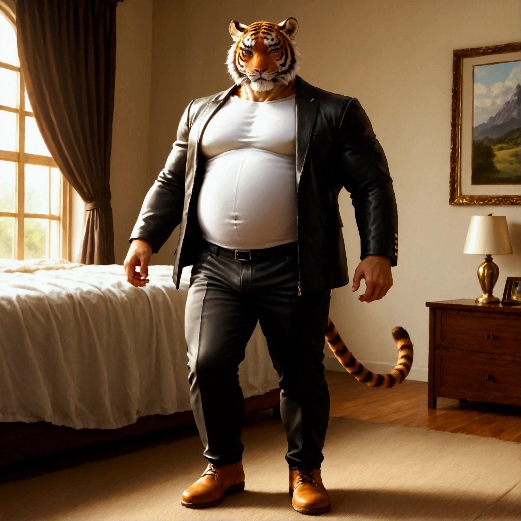 character focus, full body, looking away, dynamic angle, european fantasy, a musclegut middle-aged tiger man, jacket, shirt, pants, dynamic pose, BREAK complete anatomy, perfect proportions, beautiful thigh gap, fluffy body, intricate fur details, beautiful fur texture, BREAK a detailed tiger 1tail, detailed boots, detailed foot, detailed hands, 5fingers, 5fingers nails, BREAK aesthetic anime face, insanity detailed face, male face, big face, square jawline, aesthetic anime eyes, detailed brown eyes, detailed brown cornea, detailed dark brown irises, detailed pupils, male eyes, big eyes, male eyebrows, innocent look, beautiful beard, BREAK full body in Michelangelo Buonarroti style, digital illustration anime, housamo style, detailed painting landscape, bedroom, indoor, full color, HDR, BREAK masterpiece, official art, best quality, very aesthetic, absurdres, super fine illustration, great quality, BREAK noise reduction, very highres, large filesize, high quality, 32K, 8k wallpaper, dynamic lighting, BREAK insanity detailed, ultra detailed, intricate details, extremely detailed, detailed texture, an extremely delicate and beautiful, BREAK osukemo, e621 illustration, kemohomo, anthropomorphic, furry, cartoon, harmonious body, pastoral face, virtuous eyes