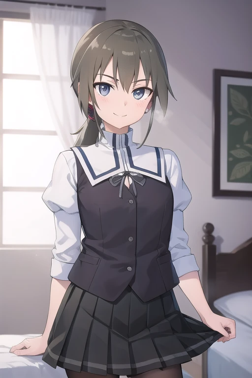 1girl, solo, brown hair, brown eyes, low ponytail,
BREAK school uniform, pleated skirt, black skirt, puffy sleeves, vest,
BREAK smile,
BREAK standing, 
BREAK (from  front:1), (cowboy shot:1.1),
BREAK (indoor, bedroom:1.2),
BREAK (best quality:1.4), (ultra detailed, professional quality:1.2), (detailed beautiful face:1.4), (detailed beautiful eyes:1.4), Top quality, (masterpiece:1.2), high detail, nsfw,