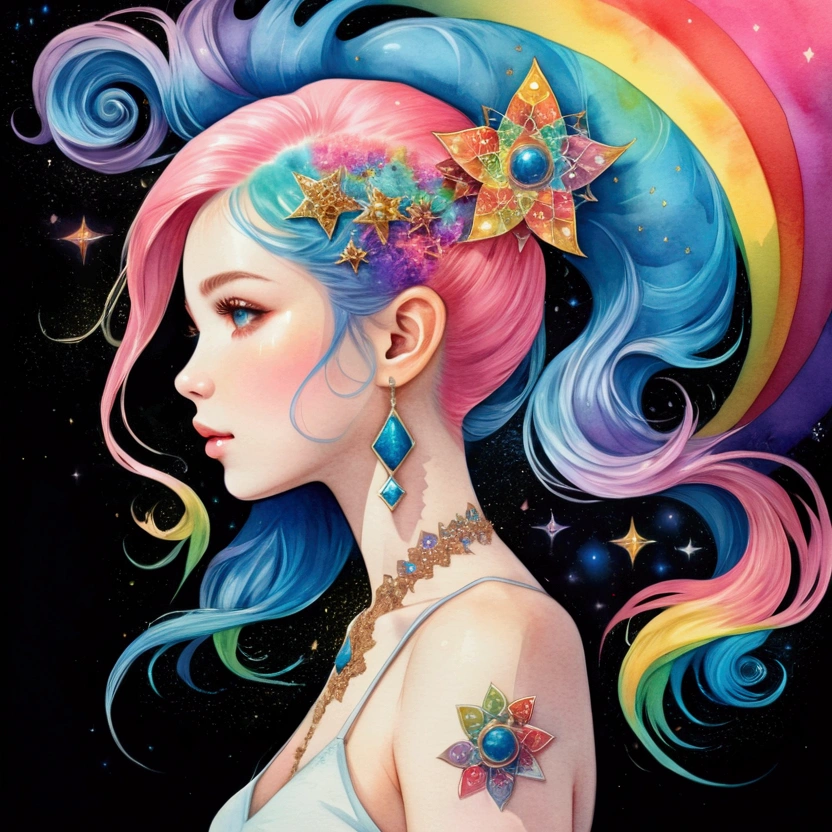 (masterpiece, top quality, best quality,watercolor (medium),official art, beautiful and aesthetic:1.2),(1girl:1.3), (fractal art:1.3),upper body, from side, looking at viewer,patterns,(rainbow color Hair,colorful hair,half blue and half pink hair:1.2),water,liquid, cloud,colorful, starry,stars