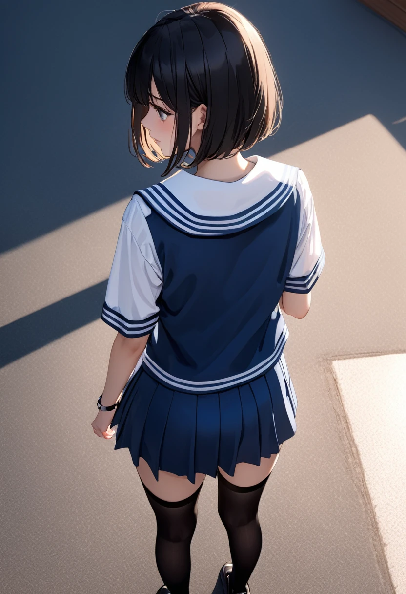 nsfw,alone, (One girl),  girl,8-year-old, ((Whie ies))wearing only the top half of sailor school uniform),sexy, (Cowboy Shot),  ((arms behind back)), classroom, With a girl：Her hair is long and black, Her face is round and cute, Black Hair, Low twin tails, (Are standing),(Shy, Embarrassing),from below,from the front,Wet,,(pussy juice),