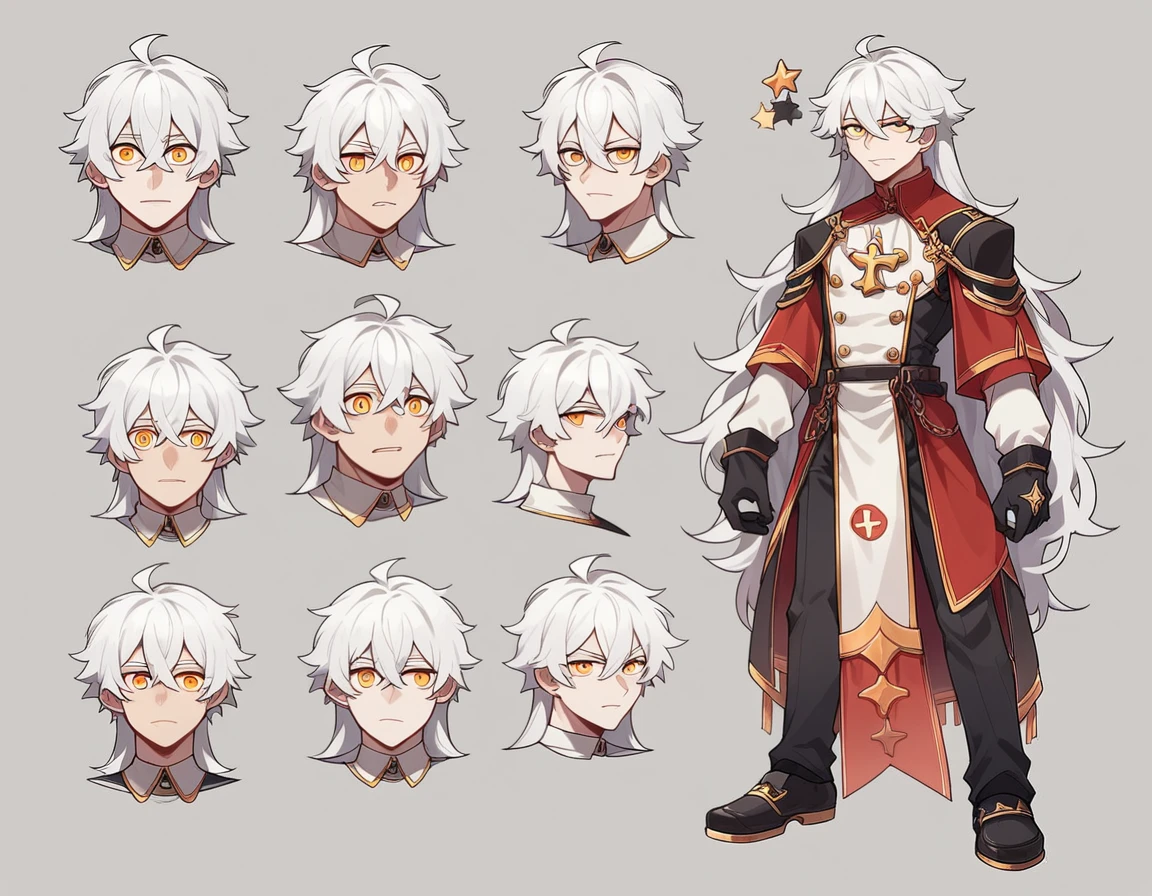  The model is a boy (( masterpiece, Highest quality)),  character sheet,  turn around, vtuber-whole body, whole body, detailed face,  full of details ,  Very detailed , depth, 1 boy,  dressed like a priest , :3, long hair, fringe, white hair,  crystal-clear hair , [[white hair]],  golden eyes , star (symbol), star-shaped pupilsl, character reference