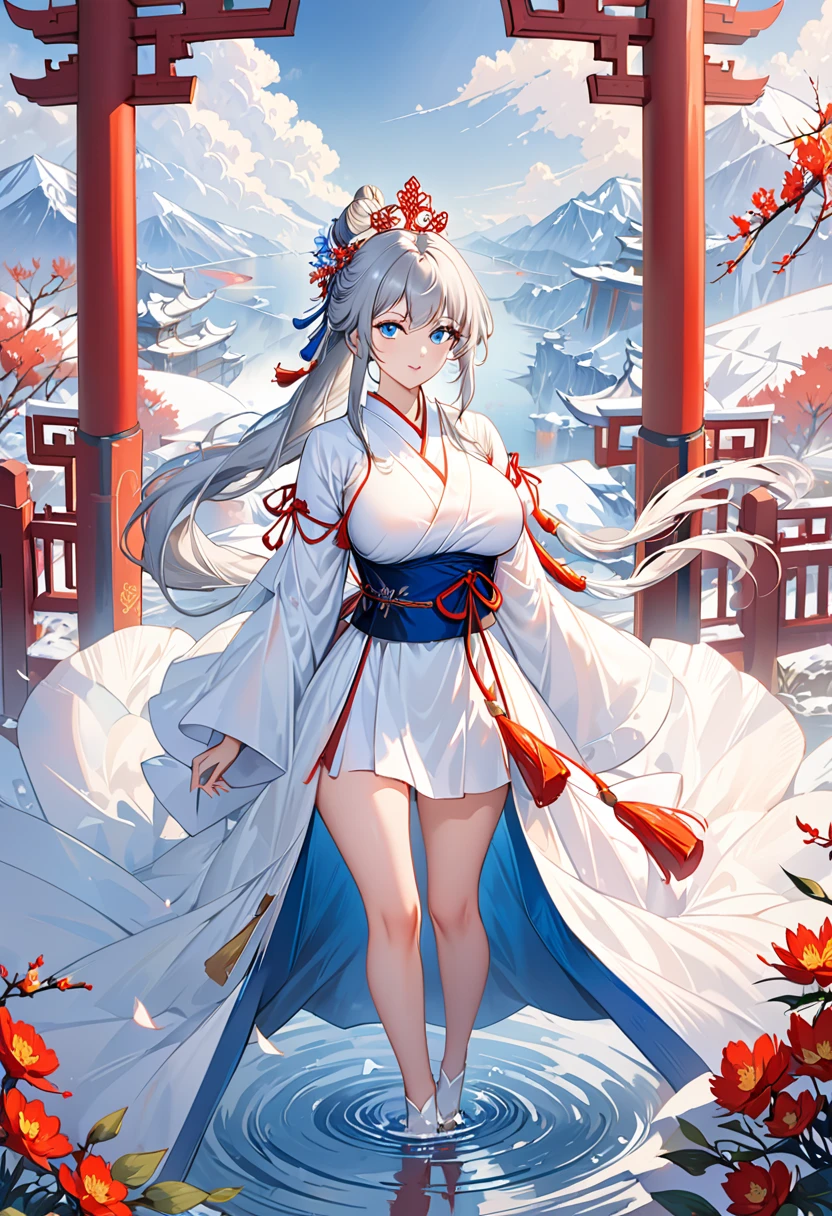 anime woman, beautiful, silver hair, blue eyes, long tied hair, long tied hair, Immortal, Beauty, Royal sister, Stepmother, White Taoist robe, Phoenix Coronet, Hair Bunch, cold and elegant expression, huge breasts, cleavage, small waist, nice thighs, wearing white hanfu, xianxia art style, elegant, sword floating behind the back, taoist sect gate background, cold and elegant expression, huge breasts, cleavage, small waist, nice thighs, wearing white hanfu, xianxia art style, elegant, sword floating behind the back, taoist sect gate background
