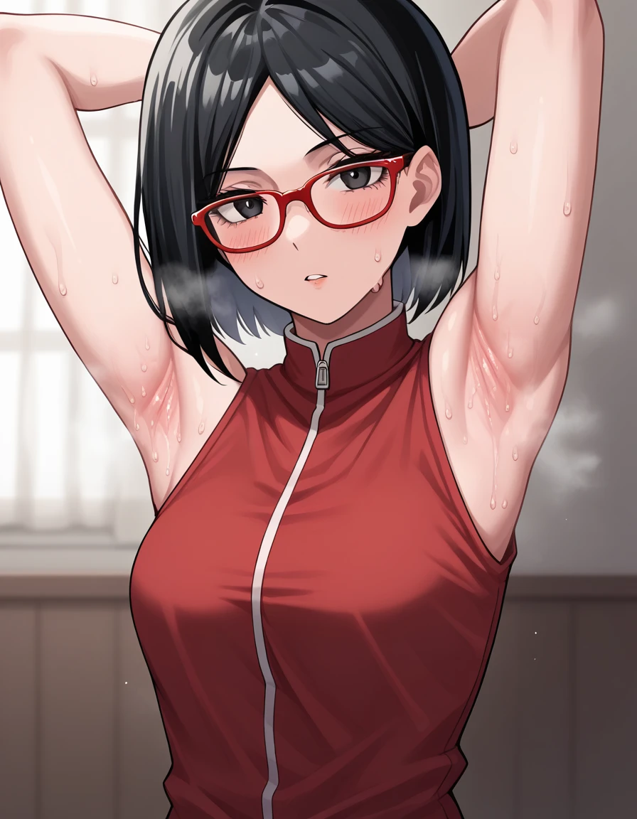 NSFW,Uchiha salad,  short hair ,  Black Hair ,  dark eyes, Red-rimmed glasses, Glasses,  Sweep Bang,(Armpit，Armpit smell,Armpit sweat，脇の皺:1.3),bedroom,(steamimg,steam:1.1)， Red clothes