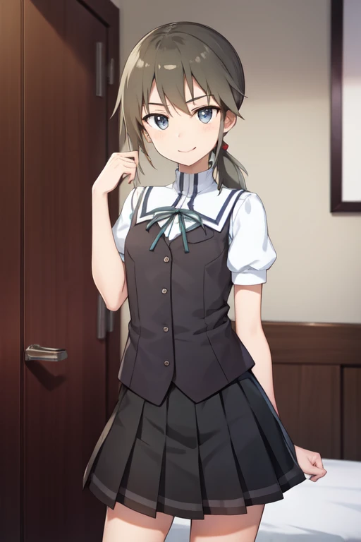 1girl, solo, brown hair, brown eyes, low ponytail,
BREAK school uniform, pleated skirt, black skirt, puffy sleeves, vest,
BREAK smile,
BREAK standing, 
BREAK (from  front:1), (cowboy shot:1.1),
BREAK (indoor, bedroom:1.2),
BREAK (best quality:1.4), (ultra detailed, professional quality:1.2), (detailed beautiful face:1.4), (detailed beautiful eyes:1.4), Top quality, (masterpiece:1.2), high detail, nsfw,