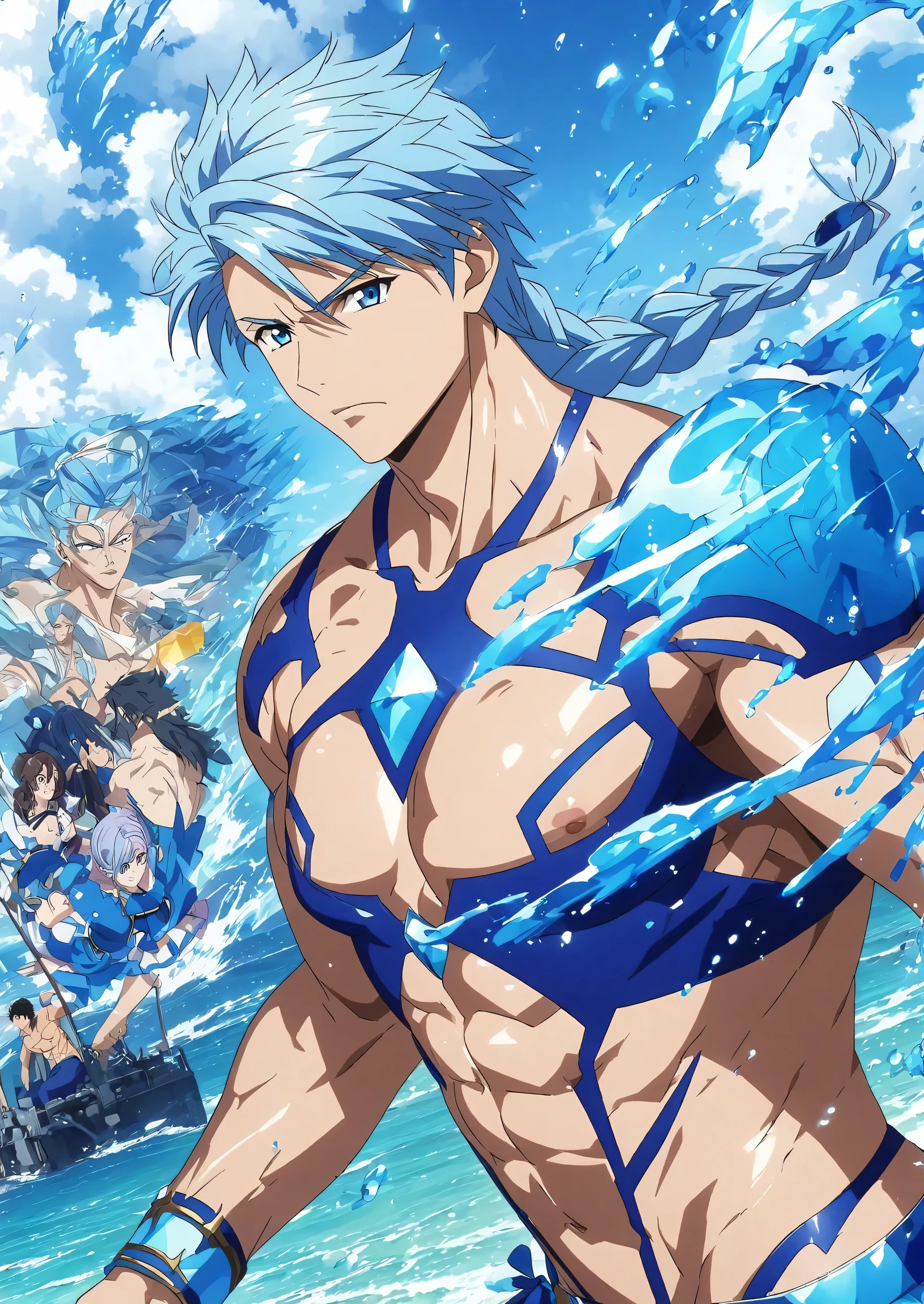 score 9 、score 8 up、score 7 up、1man、Anime image of a man in a blue bikini dress and necklace、alone、 Official Artwork 、 aquamarine、sapphire、Blue Bikini Dress、Official Art、Wallpaper anime blue water、Blue Crop Top Dress 、 he has pale blue hair !!!、Long Hair、Braided bangs、Sea Warrior 、 man with pale blue and purple two-tone hair 、blue aura、 Fan art 、Anime Prince、 Pale Arm Warmers 、 blue flared skirt、bikini top with an triangle、 blue mini skirt、crop top with an blue、Muscular abs、slender body、公式 Fan art 、  Touching Man 、HQ artwork 、Cure、manly、Shiny!!、 splash art anime boy 、looking at viewer、 cowboy shot、 male focus 、(male body:1.5)、manly face、