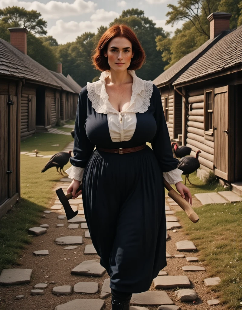 Photorealistic, cinematic style, a picture of a beautiful British woman in a puritan woman's outfit. She has black dress, white bonnet and white capelet, white apron. Black buckle shoes. She's walking on a stony path between farmyard loghouses in Massachusett colony. A group of turkeys walking in their pen. She is holding an axe. She's got brown eyes, downturned eye shape, light skin and freckles, reddish-brown hair, long bob hairstyle.  perfect hand,HDR, intricate details. 
