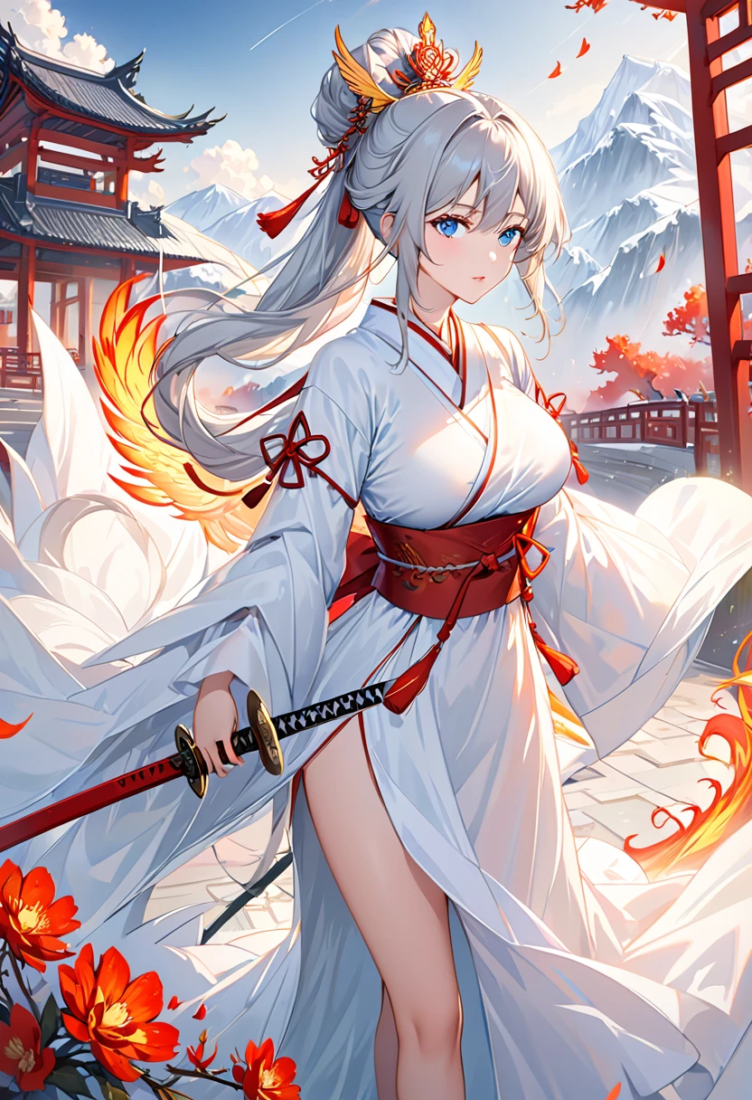 anime woman, beautiful, silver hair, blue eyes, long tied hair, long tied hair, Immortal, Beauty, Royal sister, Stepmother, White Taoist robe, Phoenix Coronet, Hair Bunch, cold and elegant expression, huge breasts, cleavage, small waist, nice thighs, wearing white hanfu, xianxia art style, elegant, sword floating behind the back, taoist sect gate background, cold and elegant expression, huge breasts, cleavage, small waist, nice thighs, wearing white hanfu, xianxia art style, elegant, sword floating behind the back, taoist sect gate background
