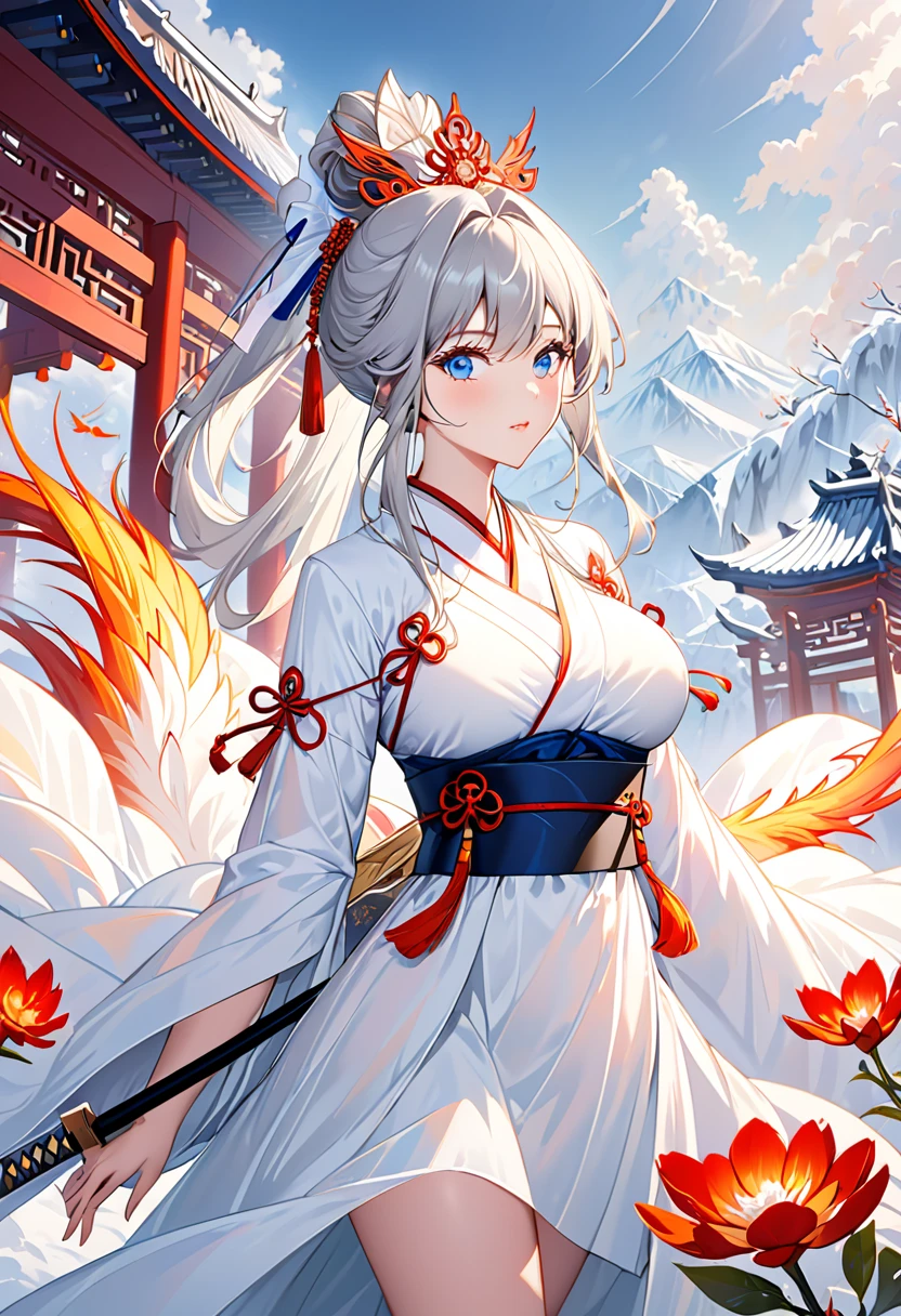 anime woman, beautiful, silver hair, blue eyes, long tied hair, long tied hair, Immortal, Beauty, Royal sister, Stepmother, White Taoist robe, Phoenix Coronet, Hair Bunch, cold and elegant expression, huge breasts, cleavage, small waist, nice thighs, wearing white hanfu, xianxia art style, elegant, sword floating behind the back, taoist sect gate background, cold and elegant expression, huge breasts, cleavage, small waist, nice thighs, wearing white hanfu, xianxia art style, elegant, sword floating behind the back, taoist sect gate background
