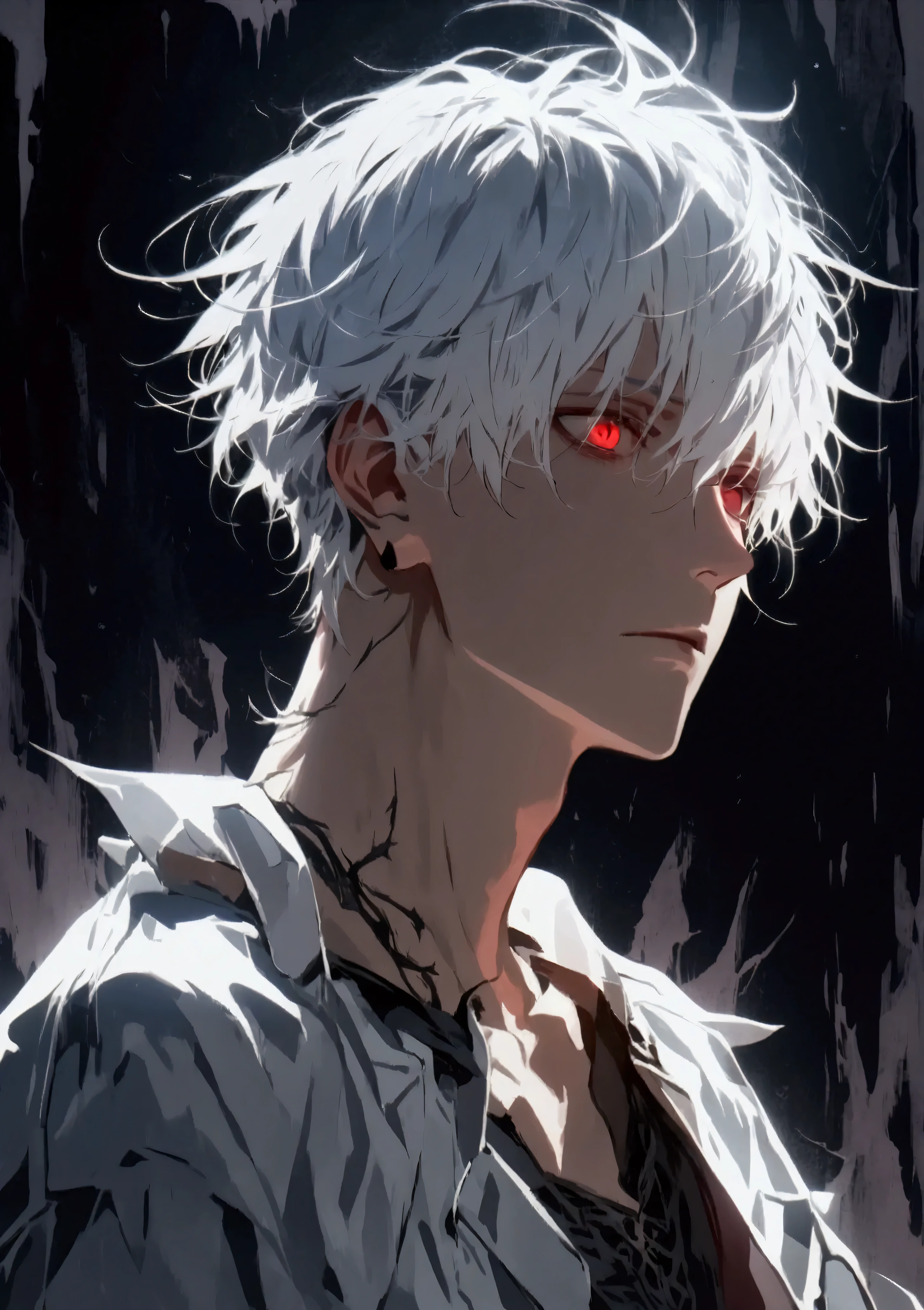 (solo), (1 male), (1 man), (handsome man), (one man with white hair, red eyes), short hair, messy hair, ((masterpiece)), (dark background: 1.3), (stylish), (detailed face, detailed eyes, proportional hands, proportional anatomy, dynamic angle, dynamic pose), sinister atmosphere