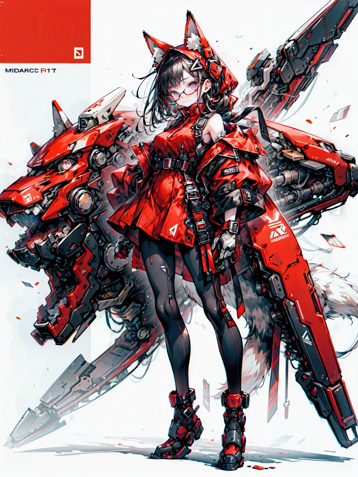  fox ears, Mecha, mechanical,  fluffy tail ,, ultra   Details, masterpiece, Best Quality, Midea,   Details,, Alone, A proud smile,  one girl playing pranks,  purple eyes, Red-rimmed glasses, ( Black Hair , Red Chip:1.2),  red and striped hair ,  very long hair ,   side ponytail, Hair tied up, medium breast,, Dataset, jacket on shoulders, Coat on shoulders,  red dress ,   with sleeves rolled up  , belt, multiple belts,  combat boots ,  Bulletproof Vest , pants,  black coat, Tactical clothing,