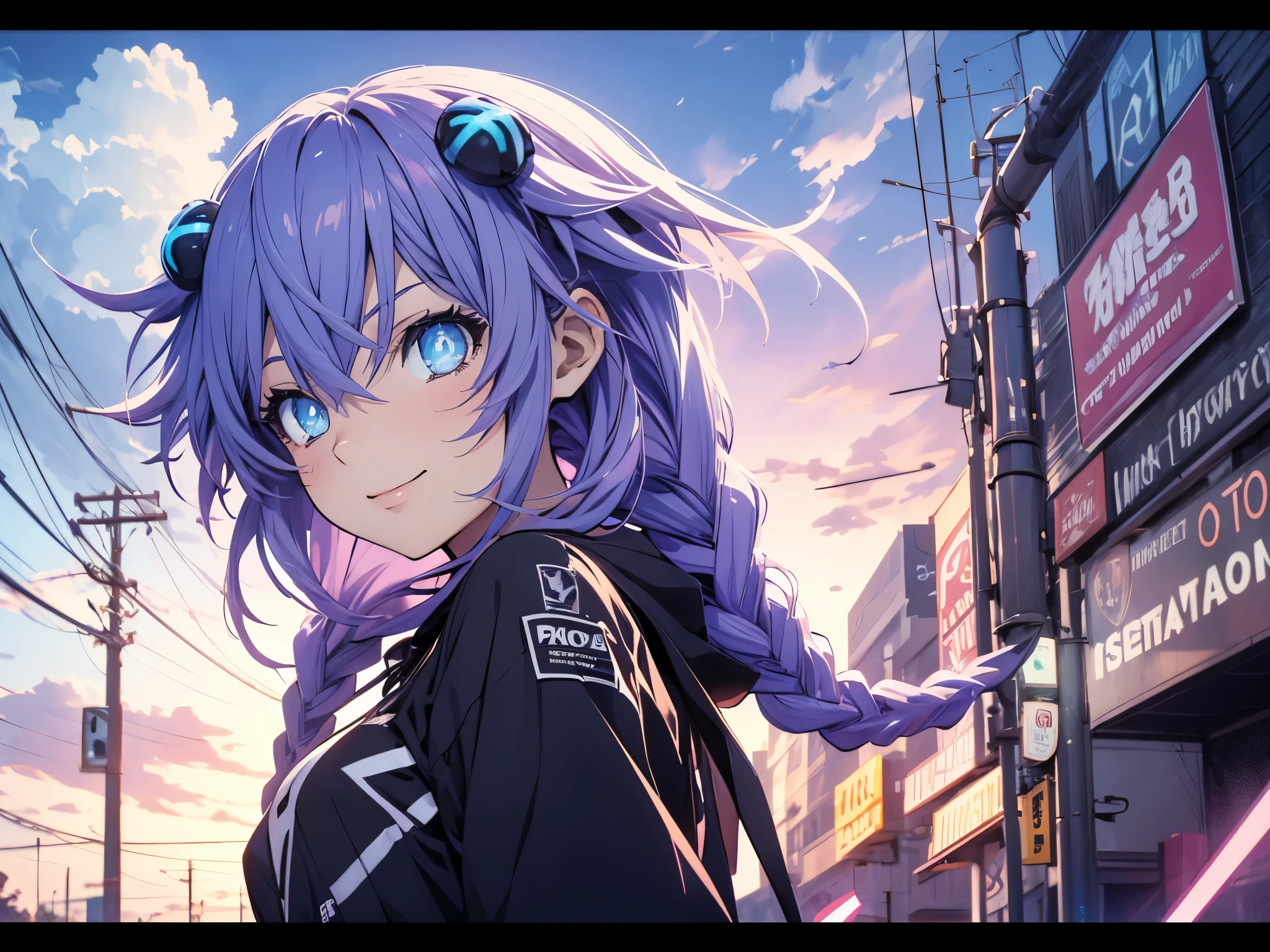 Masterpiece picture quality，Rainbow，Urban girl，ssmile，number art，style of anime，Retro anime girl，Punk girl，in an anime style，dual horsetail，Trendy，neonlight，depth of fields, perfil lateral delantero, ropa urbana ajustada, 