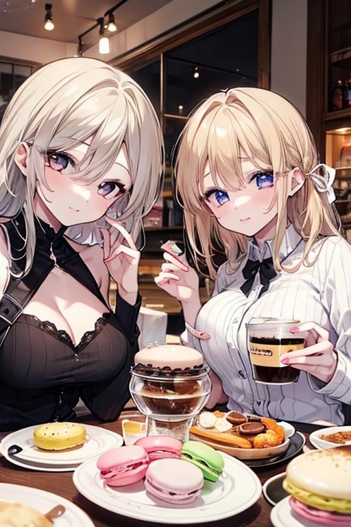 (masterpiece, best quality), 1girl, blonde hair, pink eyes, head tilt, nose blush, across table pov, huge breasts, sweater vest, burberry print, necklaces, bracelets, bare arms, food, steak, romantic lighting, champagne glass, detailed face and eyes, restaurant, (2heads:1.5)