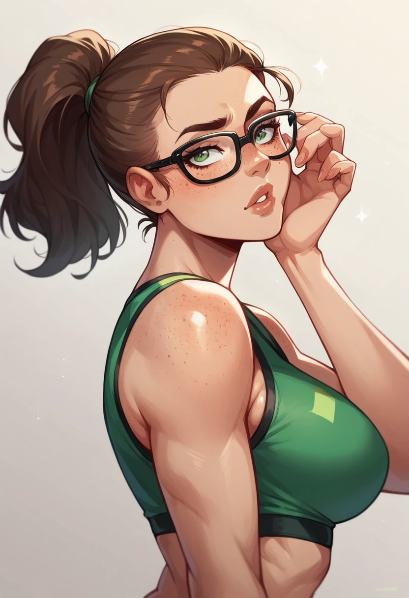 Sexy girl, Brown hair, ponytail, glasses, lips, curvy, dark green eyes, freckles in face, black leggins, green sport bra, perfect legs 