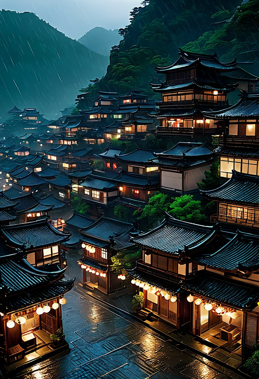 arafed view of a village with a lot of lights on the buildings, dreamy chinese town, chinese village, amazing wallpaper, japanese town, japanese village, hyper realistic photo of a town, old asian village, japanese city, by Raymond Han, rainy evening, cyberpunk chinese ancient castle, beautifully lit buildings, at evening during rain, beautiful and aesthetic, photography, cinematic, 8k, high detailed ((Heavy rain)))