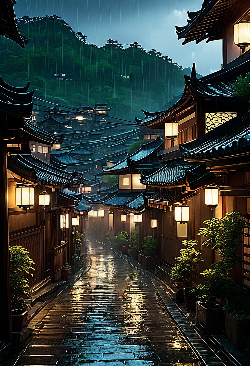 arafed view of a village with a lot of lights on the buildings, dreamy chinese town, chinese village, amazing wallpaper, japanese town, japanese village, hyper realistic photo of a town, old asian village, japanese city, by Raymond Han, rainy evening, cyberpunk chinese ancient castle, beautifully lit buildings, at evening during rain, beautiful and aesthetic, photography, cinematic, 8k, high detailed ((Heavy rain)))